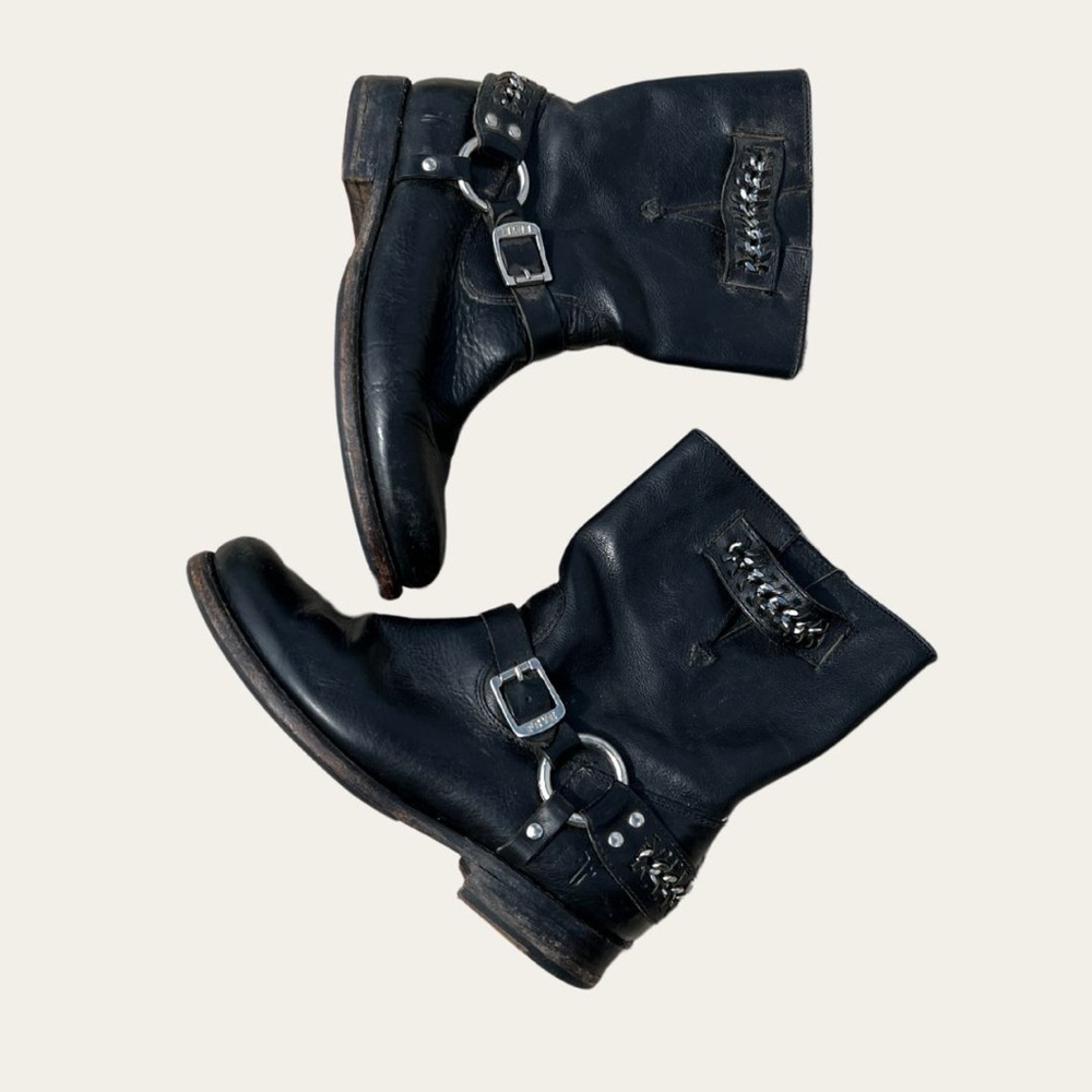 Frye Black Leather Boots with Silver Buckles